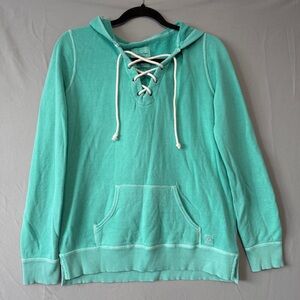American Eagle Womens Beachy Pullover Hoodie M Turquoise Lace Up Neck Cotton